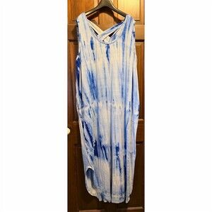 LIVI Lane Bryant Maxi Dress Womens Plus 26W Blue & White Tie-Dye V-Neck